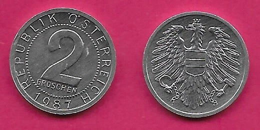 Austria 2 Groschen 1987 Unc Imperial Eagle With Austrian Shield On Breast,Holdin