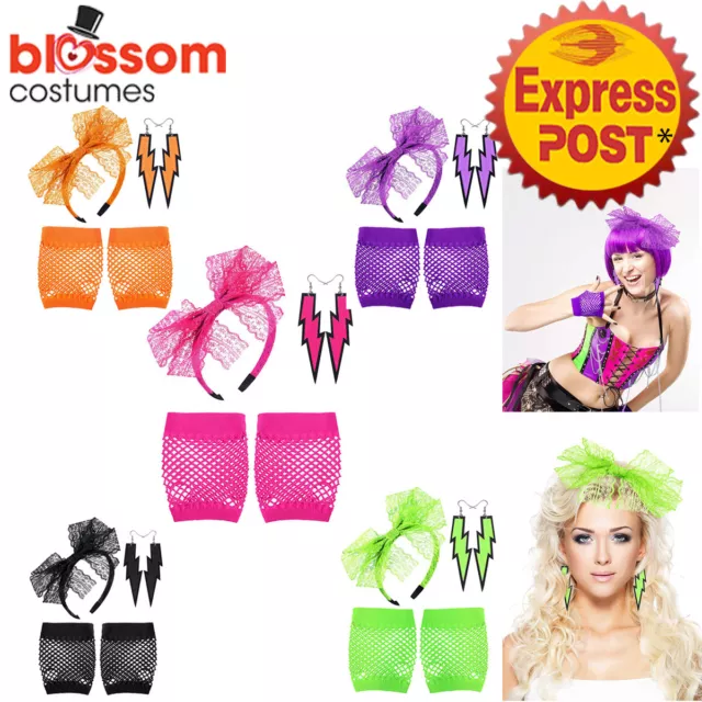 K776 1980s Pop Diva Fishnet Gloves Lightning Earrings Headband Dancing Costume