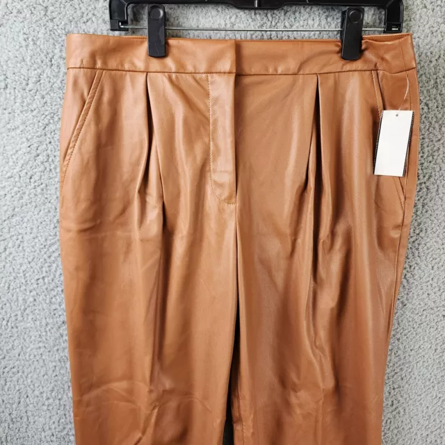 TRINA TURK Gilded Faux Leather Pants Women's 12 Nutmeg Banded Waist Rolled Cuffs 3