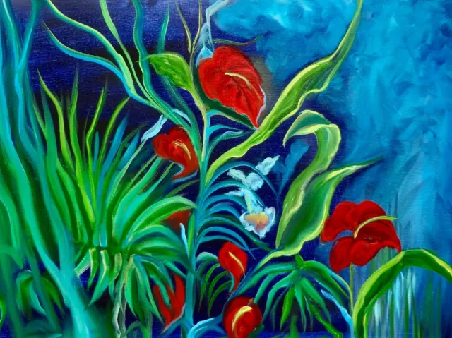 Original Oil Painting "Tropical Jungle Red Anthuriums" Hawaii Artist, Signed
