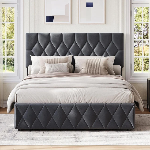 LUXURY OTTOMAN STORAGE Bed Hydraulic Lift Wingback Headboard Metal ...