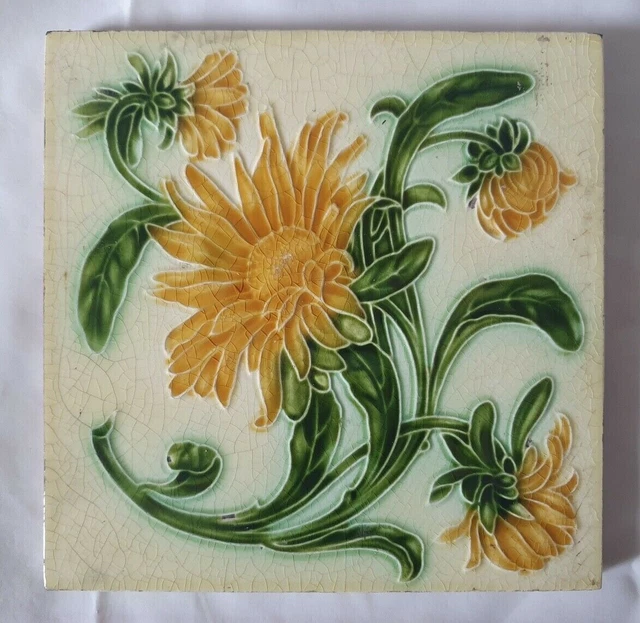 Stunning Antique Pilkington Sunflower Design 6 Inch Tile (A)