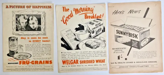 3 x 1940s Cereal ads UK SUNNYBISK WELGAR SHREDDED FRU-GRAINS