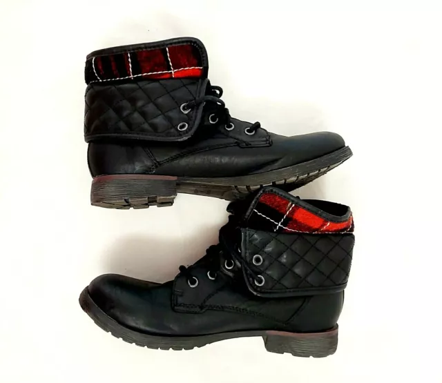 Rock and Candy Black Combat Boots Red Plaid Size 7.5