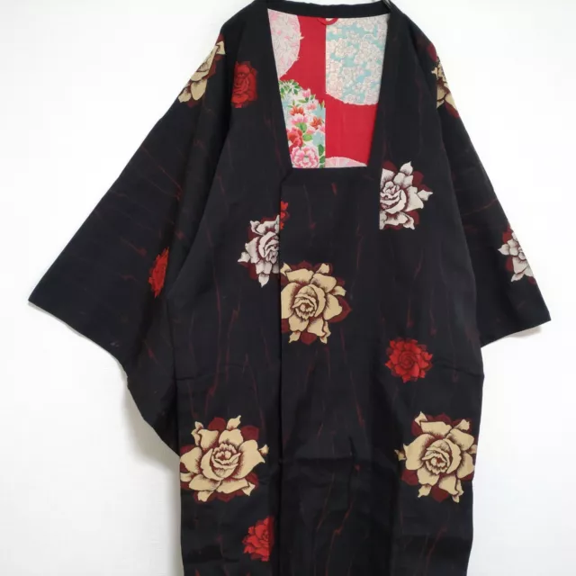 Woman Japanese Kimono Michiyuki-Coat Jacket Synthetic Black Red Rose