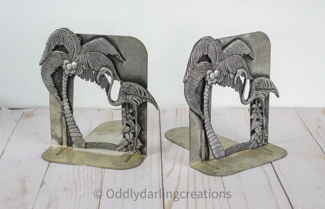 Vintage Metzke Pewter Flamingo and Palm Tree Bookends - Tropical Charm, 1980's