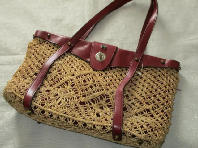 Vtg Etienne Aigner Jute Rattan Oxblood Leather Satchel Bag Straw Bag Wow