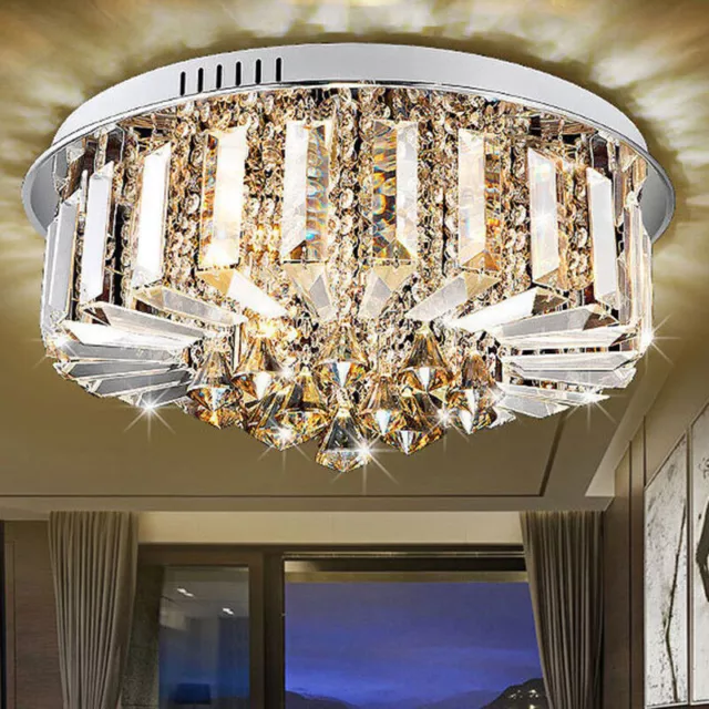 Modern Large Golden Tea Glass Crystal Round Ceiling Light Flush Mount 50/60/80cm