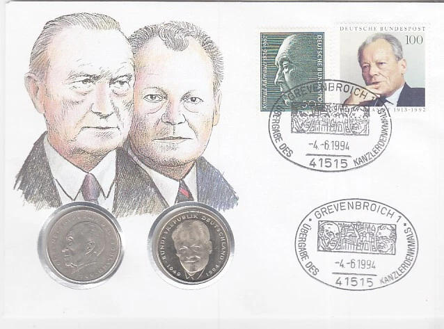 Numisbrief Germany 2 DM Konrad Adenauer + Willy Brandt 1994