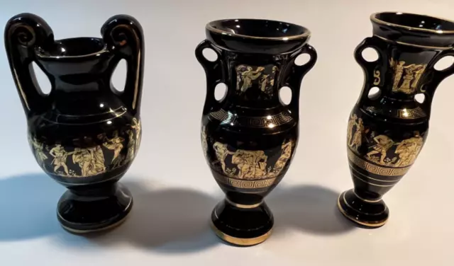 Ancient Greece Deisgn Lot Of 3 Porcelain Vases Black 24K Gold Trim 6 1/2” Tall