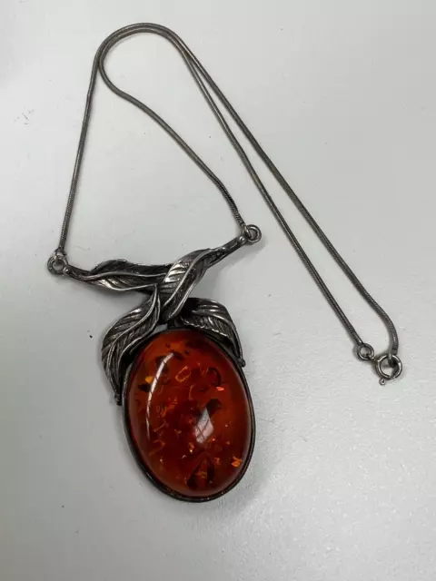 Stunning Large Silver Mounted Amber Pendant On Necklace