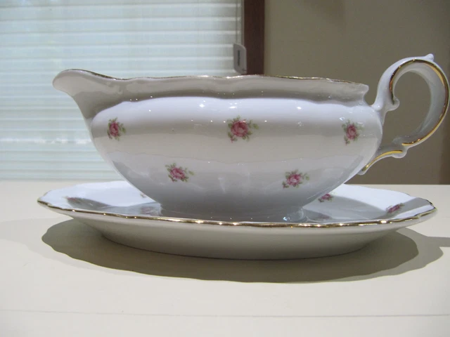 Winterling China, Gravy Boat W/Attached Plate, Bavaria, Chintz Pink Roses
