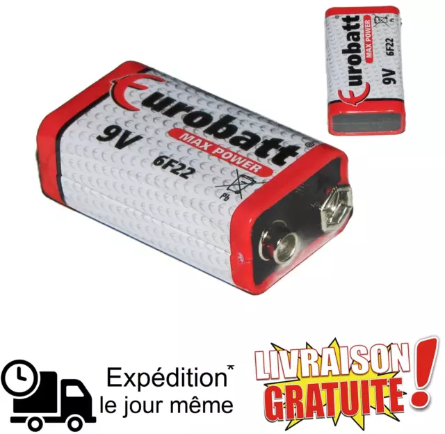 Piles 9V - Max Power | Eurobatt | Batterie 9v alcaline 6f22-6lr61 |Longue durée,