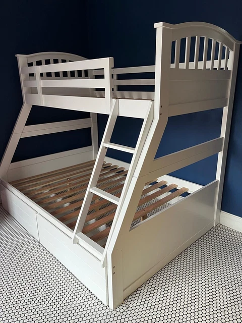 TRIPLE BUNK BED, Double Bed With Single Up Top, White Wooden Bed Frame ...