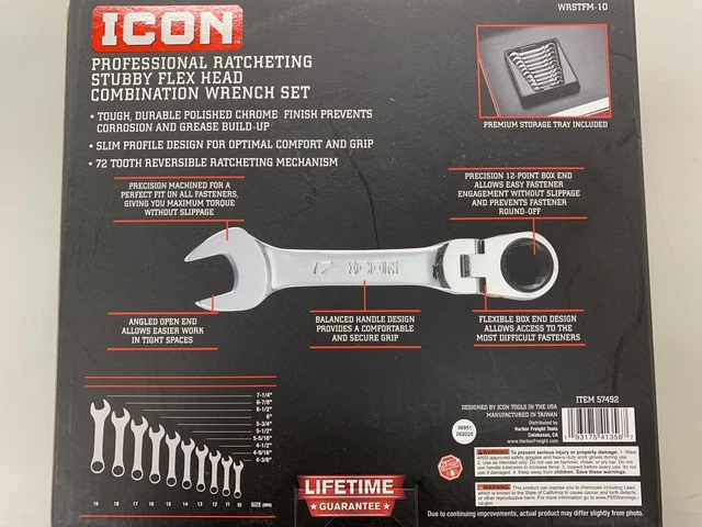 ICON WRSTFM-10 METRIC Ratcheting Stubby Flex Head Combo Wrench Set 10Pc ...