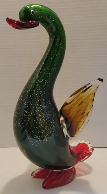 Murano Style Handmade Art Glass Goose Bird  Green Red & Amber Brown Heavy