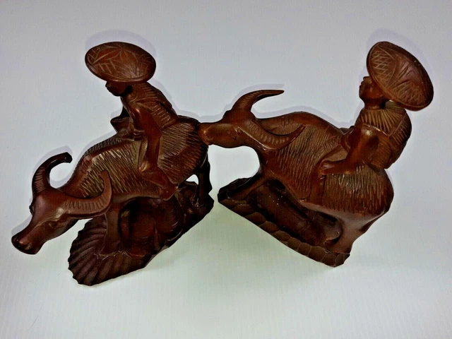 Vintage Traditional Hand Carved Wooden Timber Asian Man Riding Buffalo Figurine
