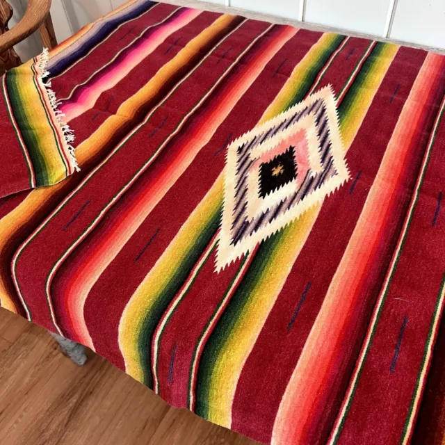 Vintage 1940's Multi Colored Wool Saltillo Mexican Serape Blanket Throw / Aztec