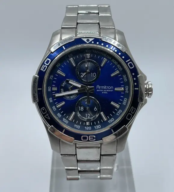 Armitron Mens Watch 20/4677SV Quartz Analog Day Date 24H Blue Dial Silver Tone