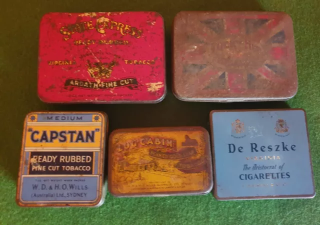 5 old tobacco tins CAPSTAN, LOG CABIN, DE RESZKE, STATE EXPRESS, LUCKY HIT