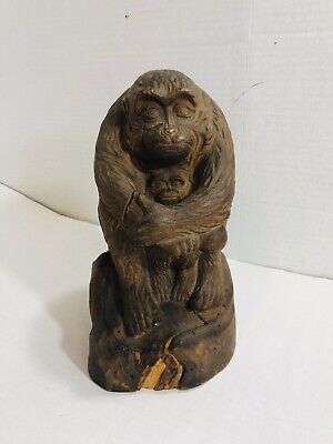 Vintage Carved Wood monkey With Baby Figurine Handcarved Wooden Animal Statue