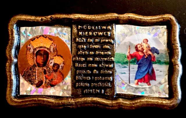 Vintage Catholic St Christopher Colorized Gold Tone Dash Plaque Polish? Language