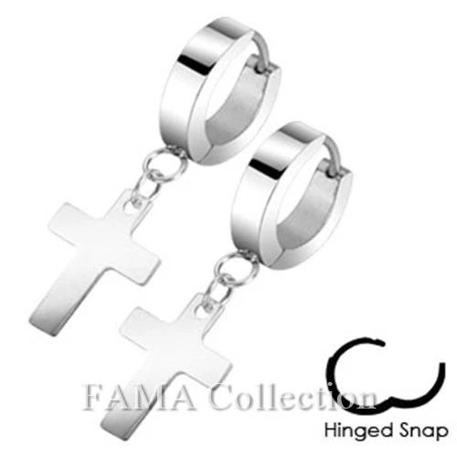 Top Quality FAMA Stainless Steel Hinged Hoop Earrings with Cross Dangle