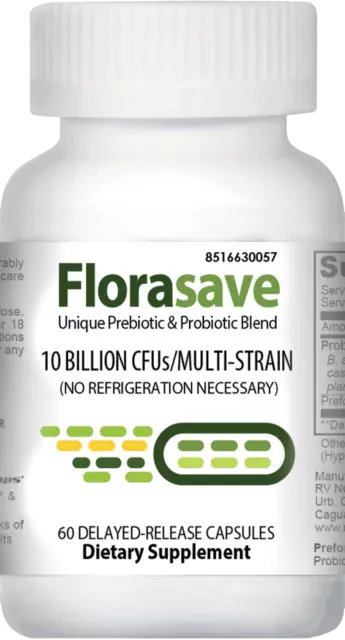 Florasave | 60 DR Veggie Capsules | Prebiotics | Probiotics | 10 Billion CFU's