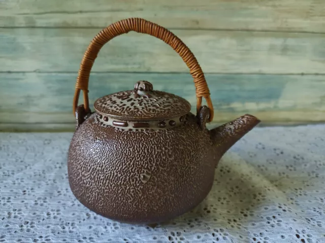 Japanese Pottery Teapot Wormy Ware Water Drop Pottery Brown Jakatsu Glaze VTG