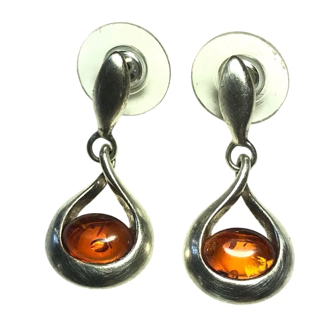 Boucles D'oreilles Gouttes En Ambre Et Argent 925 - Magnifiques Pendantes, Occasion