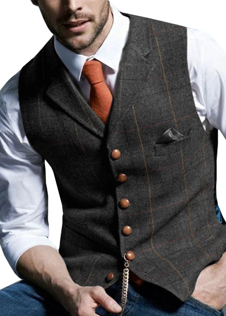 Abito in tweed uomo gilet vintage spina di pesce matrimonio gilet formale XL XXL 3XL
