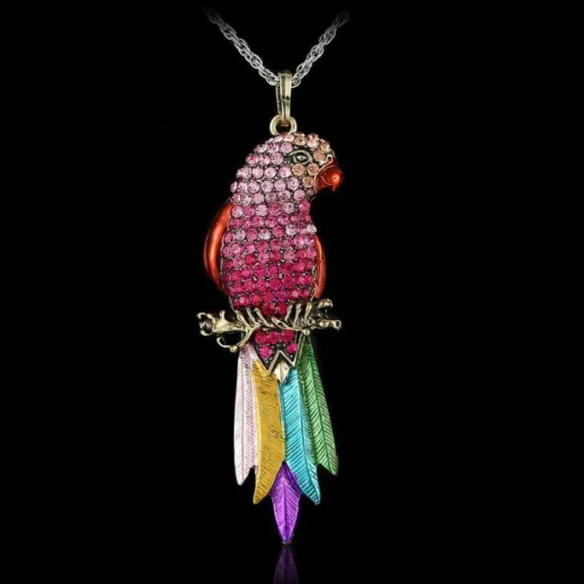 Women Animal Parrot Full Pendant Crystal Colorful Rhinestone Necklace Jewelry