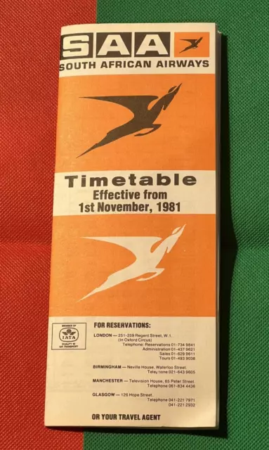 South African Airways - Timetable 1981 -  Vgc