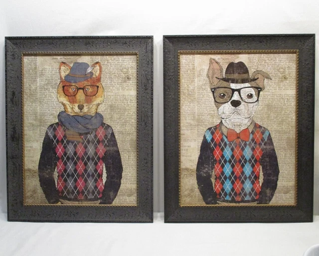 Set of 2 Framed Dapper Animal Art Fox w/ scarf & Bulldog w/ Hat Kids Decor Set of 2 Framed Dapper Animal Art Fox w/ scarf & Bulldog w/ Hat Kids Decor