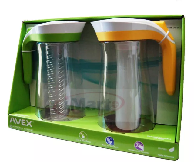 2x Avex Autoseal Pitcher Set | Infuser stick+Ice Core 2 Litre Water Jug