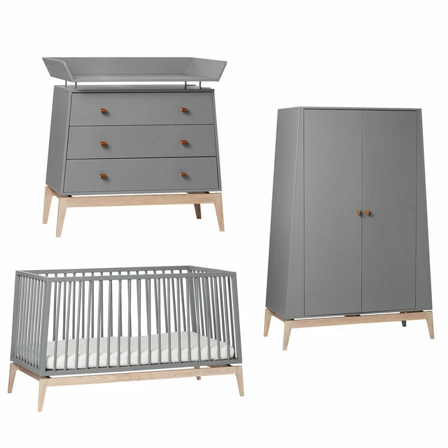 Luna Babybett 140x70cm + Wickelkommode + Schrank groß grau/Eiche NEU ABHOLPREIS