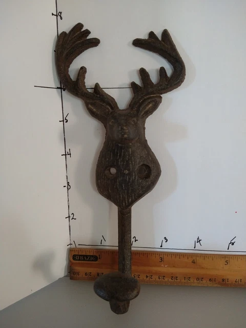 Antique Cast Iron Wall Hooks Brown 3D Elk Deer Coat Hat Towel Hanging Vintage