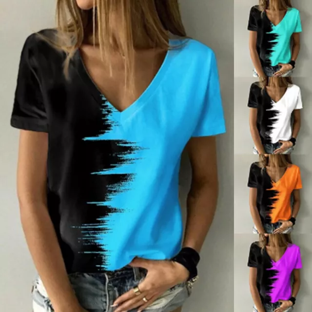 Donna Cravatta Tintura Scollo V T-Shirt Top Corto Manica Casual Sciol .