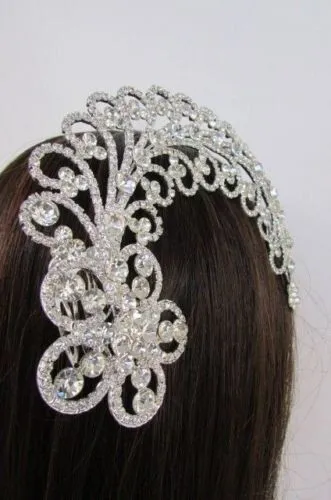 Women Silver Metal Long Big Flower Leaves Rhinestone Hair Clip Fashion Jewelry