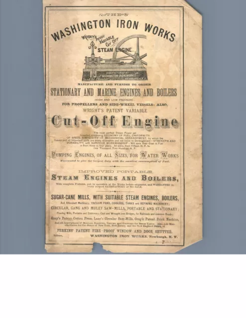 1868 Washington Iron Works Cut-off Steam Engine Wright's Patent Magazine Ad Rare
