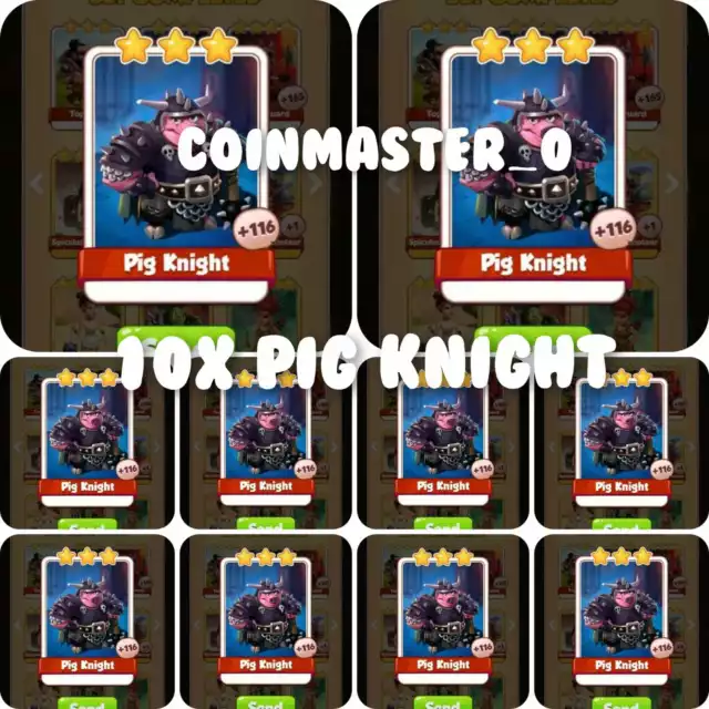 10x pig knight cards warriors set(faster delivery):-coin master cards