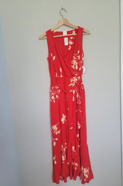 NWT Soma Womens S Sleeveless Faux Wrap Ruffle Maxi Dress Red