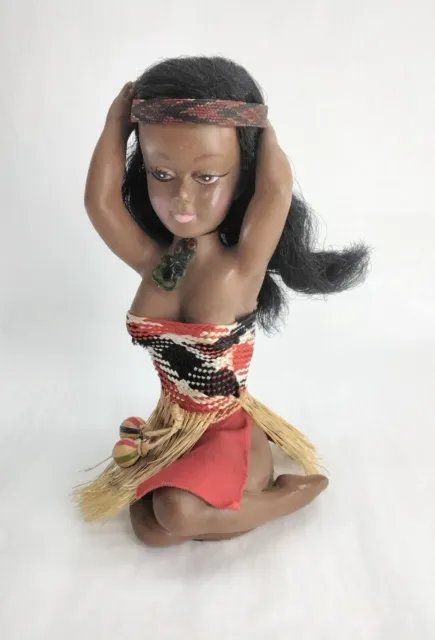 Vintage 1960s New Zealand Maori Sitting Woman Doll Figurine Hei Tiki Grass Skirt
