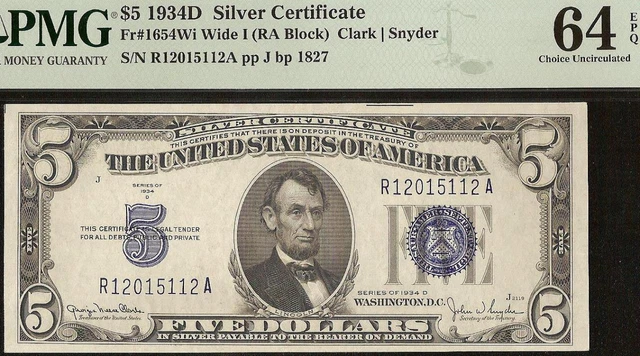 Unc 1934D $5 Bill Wide I Silver Certificate Blue Seal Note Money Pmg 64 Epq