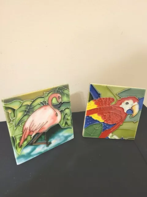 Two Coasters With Bird Decor  And/Or Hanging Wall  Art Ceramic Tiles 4 By 4 Inch