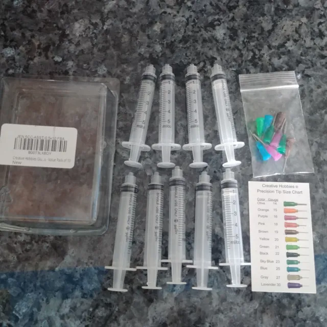 Lot of 9 Precision Applicator 5cc Syringes +9 assorted Gauge tips - dispenser