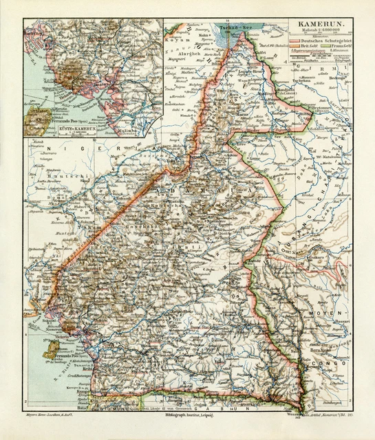 Kamerun historische Landkarte Lithographie ca. 1909 antike Karte Geographie