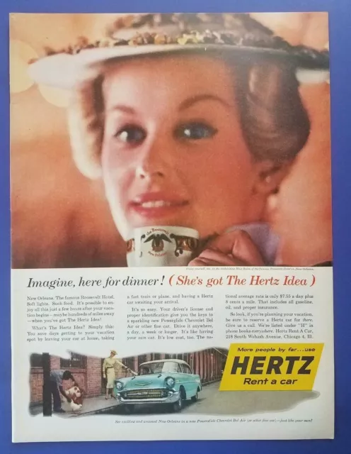 1956 Hertz Rent A Car New Orleans Roosevelt Hotel  Bel Air Car Vintage Print Ad