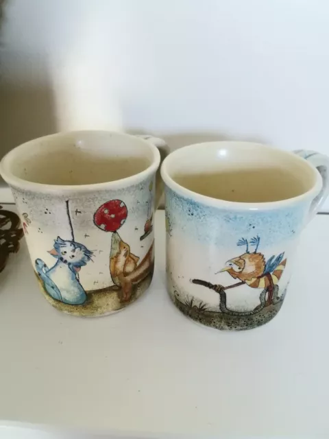 set of two pottery mugs signed hand painted animals beautiful match together 