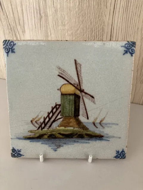 Antique Delft 5.25" Polychrome Hand Painted Windmill Tile